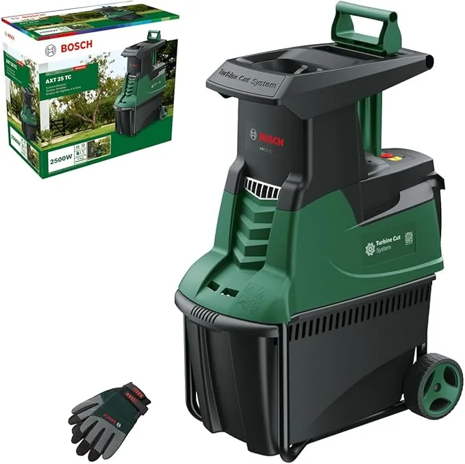 Bosch desmenuzadora de jardín con turbina AXT 25 TC (2500 W; apta para madera y residuos duros de jardín; incluye guantes de jardín; caja de recogida integrada de 53 L; en embalaje de cartón)