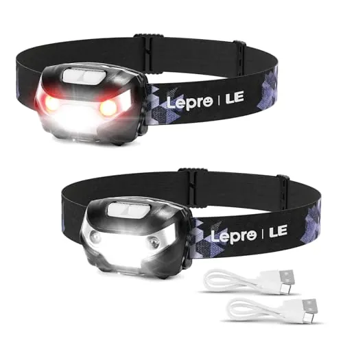 Lepro Linterna Frontal LED USB Recargable, 5 Modos con Luz Rojo, Pack de 2