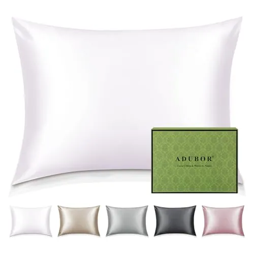 Adubor Funda de Almohada Seda de Morera 100%, Blanco, 90x40CM | 22 Momme, 900 Hilos, con Cremallera Oculta, Para Cabello y Piel, Suave y Liso, 1PC