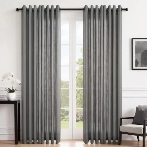 Topfinel Cortina Gris Oscuro de Lino, visillos semitransparentes Ligeros con Ojales para salón, Cortinas con Trabillas, 140 x 245 cm, Juego de 2