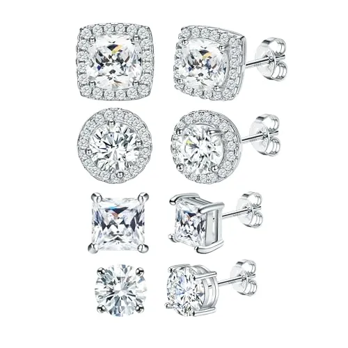 Conjunto 4 Pares Pendientes Plata Ley 925 Chapados Oro 14k, Hipoalergénicos, Grandes Pendientes Redondos y Cuadrados Circonio 6-10mm para Mujeres y Hombres, Unisex