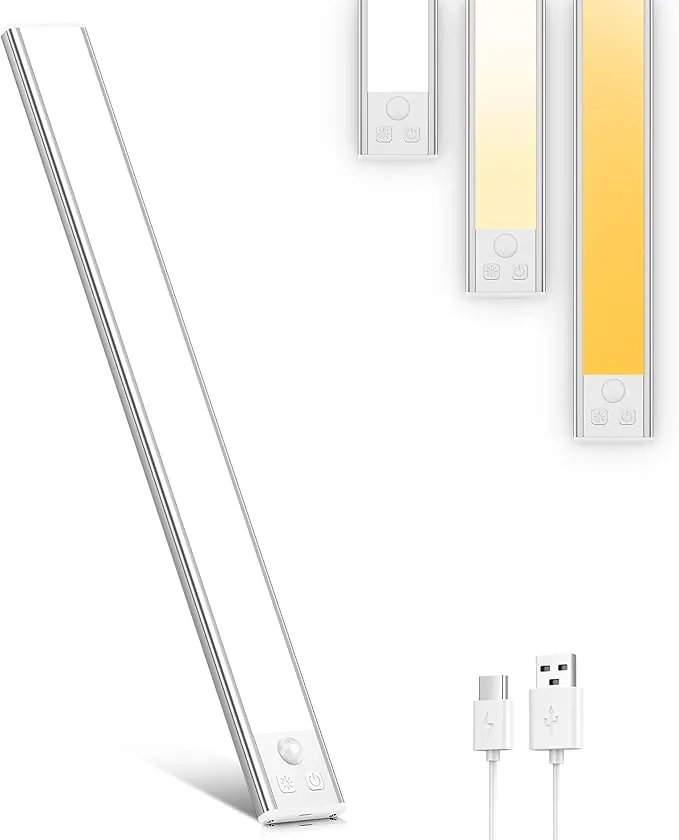OUILA Luz de Armario con Sensor Movimiento,41CM Recargable Luz Nocturna con temperatura de 3 colores,Regulable Lampara LED Adhesiva para Gabinete, Pasillo, Escalera, Sótano, Cocina, Garaje-1PCS