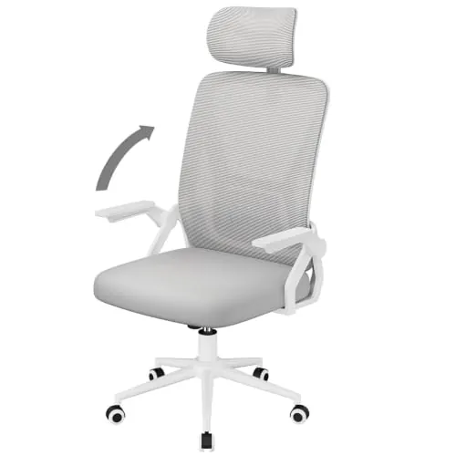 naspaluro Silla de Oficina, Silla de Oficina Ergonómica con Brazos Abatibles 90°, Soporte Lumbar de Diseño Exclusivo, Reposacabezas Ajustable, Tapicería de Malla Transpirable Escritorio, Gris