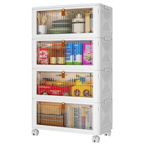 PurKeep Cajas Almacenaje Plastico con Tapa - 35L*4 Cajas Organizadoras, Cajas Almacenaje con Puertas y Ruedas, cajones de Almacenamiento con Puerta Delantera, 4 Paquetes