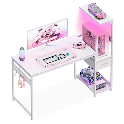 Coleshome Escritorio Gaming con LED, 120x48cm, Fibra de Carbono Blanca