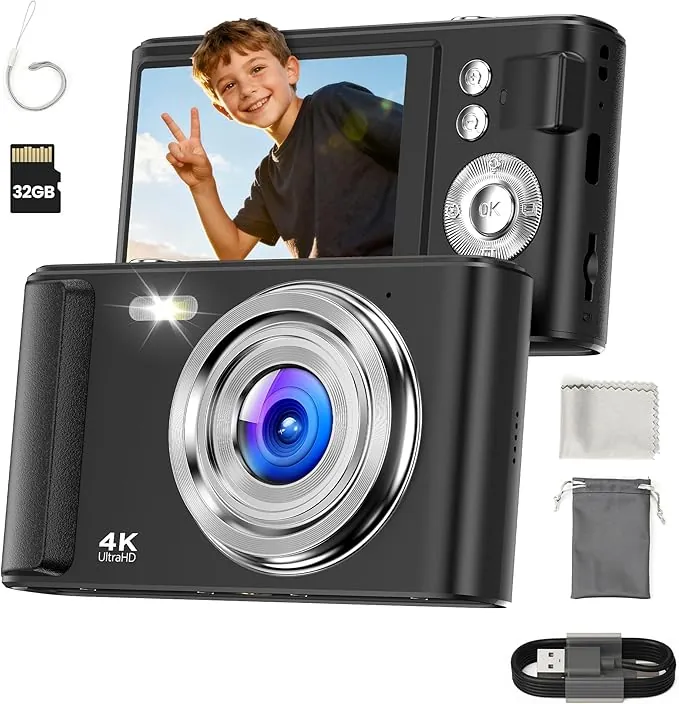 Cámara digital compacta: 16 x zoom 48 MP digital cámara – dispositivos digitales infantiles 1080P cámara Vlog – Cámara digital para adolescentes con 32 GB tarjeta para principiantes negro