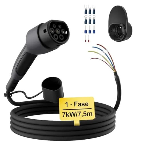 dé Cable de Carga Tipo 2 de Extremo Abierto 7kW [1-Fase|7,5m|32A] para Wallbox/Cable de reemplazo para estación de Carga