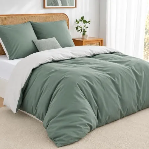 Duvetnova Funda Nórdica Cama 180 Verde Salvia/Blanco,Súper Suave Diseño Doble Cara A/B con Cremallera, Certificación Oeko-Tex 1 Funda de Edredón 240x220 + 2 Fundas de Almohada 80x80 cm