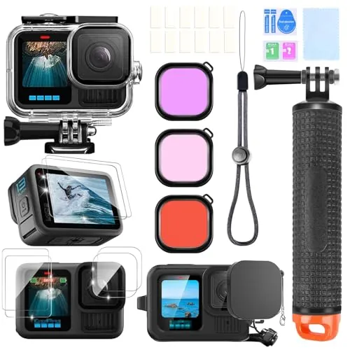 ShipeeKin Kit de Accesorios para gopro Hero 13, Carcasa de Buceo a Prueba de Agua, Agarre de Mano Flotante, 2 Juegos de Vidrio Templado, Funda de Silicona, Filtros Rojos, Inserciones antivaho