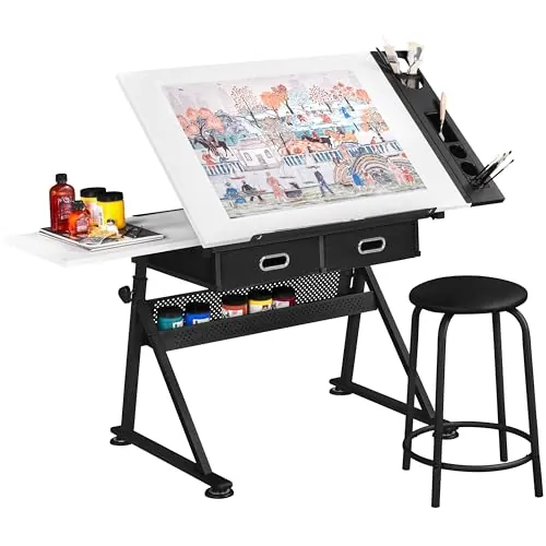 Yaheetech Mesa de Dibujo Inclinable 0-60° con Banco Ajustable Blanco