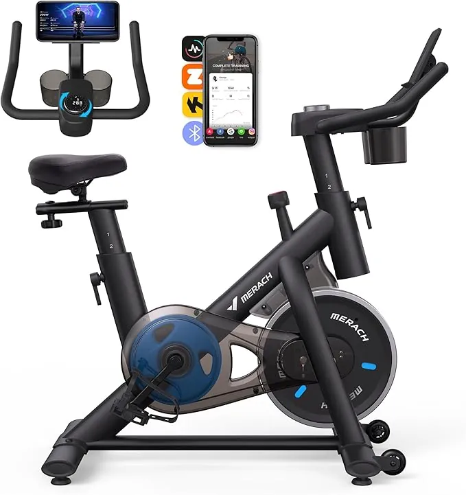 MERACH Bicicleta Estática en Casa con Resistencia Ajustable, Bicicleta Estatica Silenciosa con Monitor LED, Cómodo Cojín de Asiento, App Propia, Capacidad de 136 kg, Entrenamiento Aeróbico