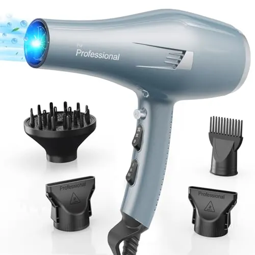 Secador de pelo profesional iones, Hair Dryer iónico con 1 difusor, 2 boquillas de peinado, 3 temperaturas, aire frío y caliente, secado rápido para todo tipo de cabello (Azul Claro)