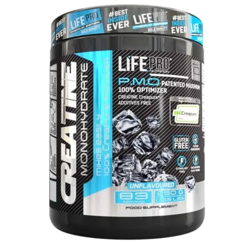 Life Pro Creatina Monohidratada Creapure 250g, Creatina en Polvo Pura con Dosificador, Entrenamiento y Rendimiento Deportivo, Sin Gluten, Creatine Micronizada de Máxima Eficacia y Pureza Garantizada
