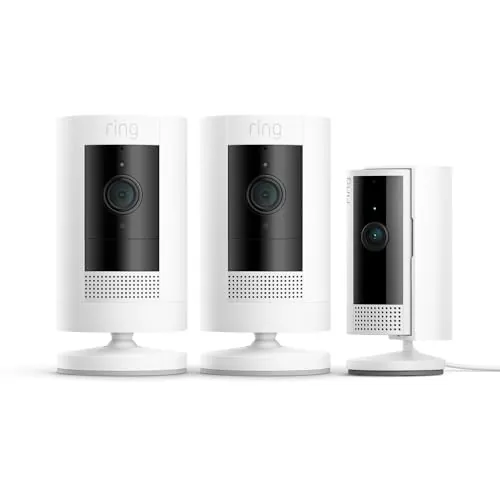 Ring Cámara exterior con batería Pack de 2 (Stick Up Cam) + Cámara interior (Indoor Camera 2.ª gen.) | Cámaras de vigilancia wifi con vídeo HD, comunicación bidireccional | 30 días gratis de Ring Home