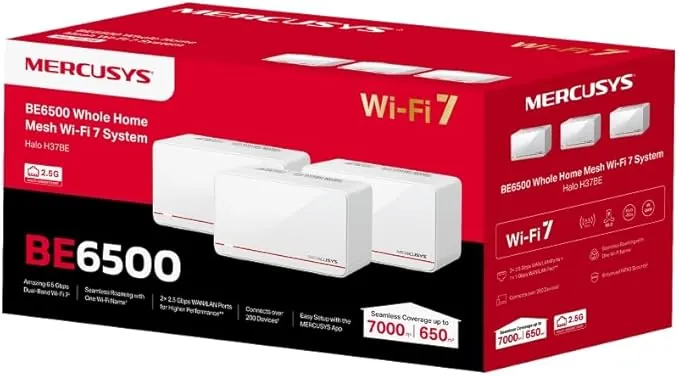 MERCUSYS Halo H37BE - Sistema Mesh Wi-Fi 7 3 Unidades – Cobertura hasta 650 m², Velocidad Dual-Band 6,5 Gbps, Puertos 2×2,5G + 1×1G, Soporte para más de 200 Dispositivos