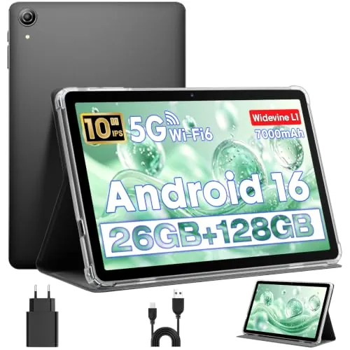 Tableta 10 Pulgadas, Tableta Android 16 en Funda, CPU Unisoc T606, 26 GB RAM + 128 GB ROM + 1 TB TF, Pantalla HD IPS 1280x800, Batería 7000 mAh, Cámara Dual, WiFi 6, BT 5.0, Widevine L1, GPS (K70)