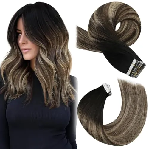 Moresoo Extensiones de Pelo Natural Adhesivas Balayage Mechas de Negro a Marrón Oscuro con Rubio Caramelo Extensiones Adhesivas 20pcs/50g 14 Pulgadas Tape Adhesivas Cabello Humano