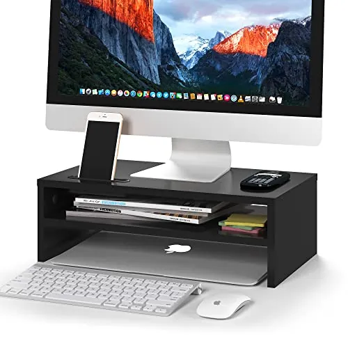 BONTEC Elevador Monitor Escritorio de Madera, Soporte Monitor Mesa de 2 Niveles con Gestión de Cables y Ranura para Móvil, para Ordenador, Portátil, IMac, PC, Haste 30 kg, Negro (W420 x D235 x H142mm)