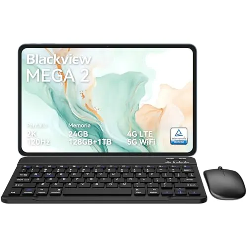 Blackview Mega2 Tableta de 12 Pulgadas Android 15, 24 GB RAM+128 GB ROM, Tableta Gaming FHD 2K de 120HZ con Teclado, ratón, lápiz y Auriculares, 4G LTE+5G WiFi, 9000 mAh, WideVine L1, Azul