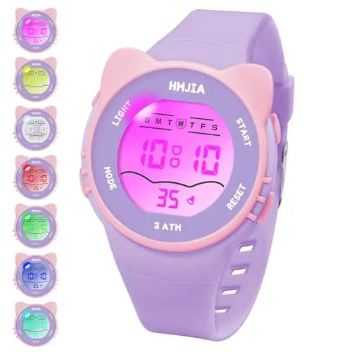 HMJIA Reloj Niñas y Collares Set con Motivo de Gato 3ATM Sumergible con Alarma Cronómetro Luz Correa Reloj Digital Niña con Correa de Cumpleaños para Niñas de 3 a 12 Años (Violeta)