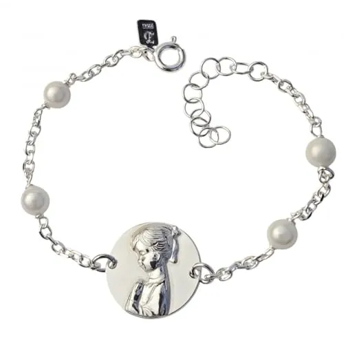 Minoplata Pulsera comunión Virgen Niña de Plata de ley con Perlas