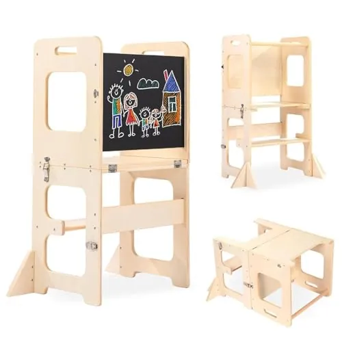 Labebe Montessori Torre per Bambini, 3 in 1 pieghevole Torre didattica, Scala Sgabello per Bambini con Lavagna, Montessori Legno torretta per utensili da cucina a partire da 1 Anno (Legno)