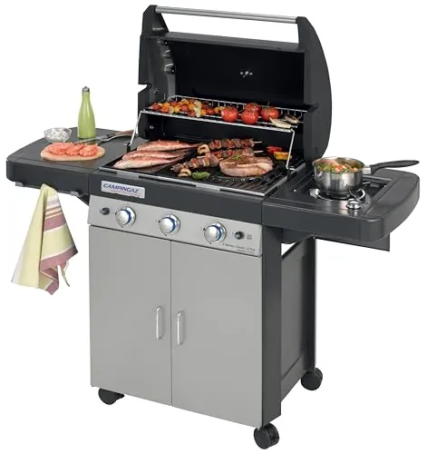 Campingaz 3 Series Classic LS Plus Barbacoa a Gas con 3 quemadores de acero inoxidable (9.6 kW potencia) y un asador lateral (2.3 kW potencia) | 11.9 kW de potencia totales | Sistema de limpieza InstaClean para una limpieza fácil