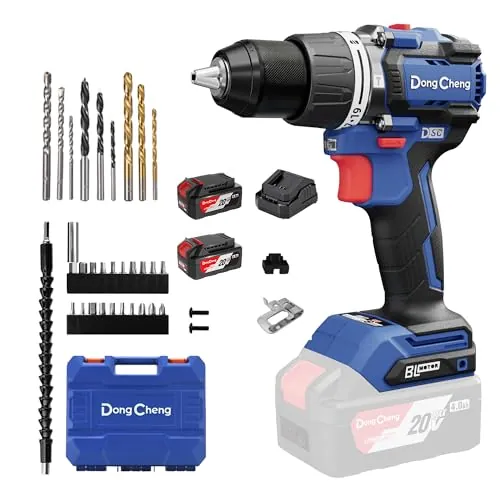 Dong Cheng Taladro de Percusión Inalámbrico 18V 90Nm, Taladro Percutor Batería Brushless, 2x 4,0Ah, 3 Modos-Atornillar, Perforar y Percuto, Portabrocas de 13 mm, 2 Velocidades, 19 Niveles de Par