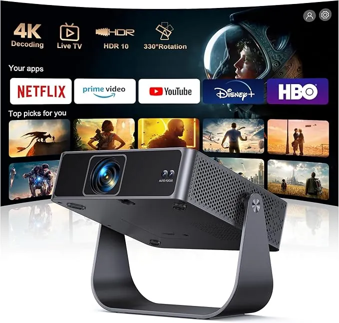 Proyector 4K【Netflix Ready+TV Directo】 Proyector Portatil App Integrada Auto Focus/Keystone 1080P FHD Nativo con HDR10, Giro 330° WiFi Bluetooth Mini Proyectors Projector Cine en Casa/Exterior/HDMI
