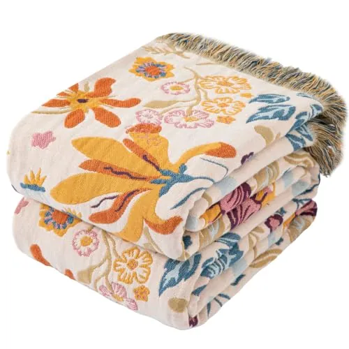 Colcha Boho con Flecos de, 100% algodón, Manta de Muselina Reversible de 150 x 200 cm, Manta Suave y acogedora para sofá y Colcha, Transpirable para salón y Dormitorio, Apta para Todo el año