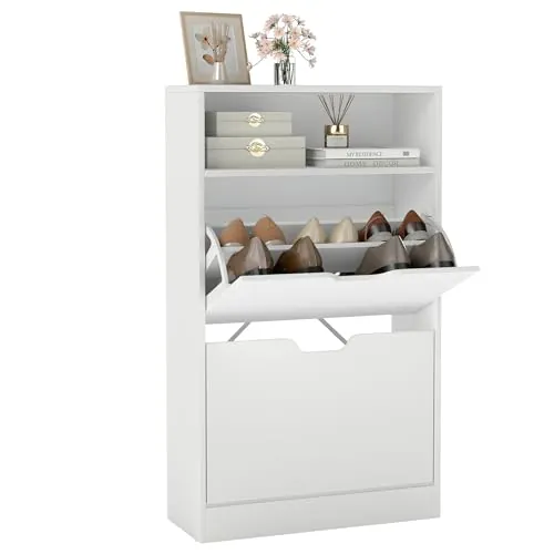 VASAGLE Zapatero Entrada Recibidor, 2 Puertas Abatibles | Organizador de Zapatos, Separadores Ajustables, para Entrada, 60 x 24 x 102 cm, Blanco Nube, Custos LBC040W01