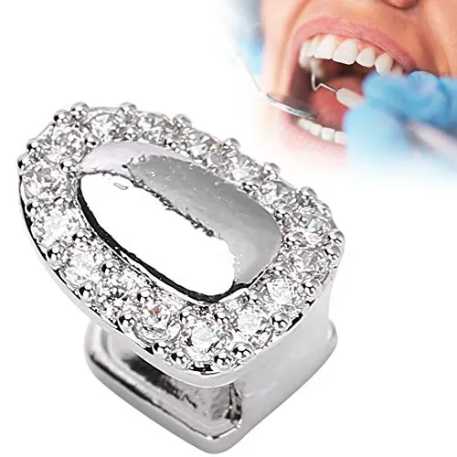 Diente único, Dientes de Hip Hop Bling Dientes Chapados en Oro con Diamante Redondo Single Grillz Cap para Sus Dientes Hombres Mujeres Hip Hop Joyería Regalo (Solitario Portal Diamante Plata)