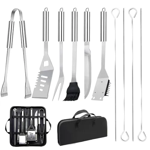 JUAUO 11Pcs Juego de Utensilios Barbacoa de Acero Inoxidable Profesionales Accesorios Barbacoas - Kit Barbacoa Prácticas con Bolsa Portatil - Herramientas Parrilla BBQ para Camping Picnic Exterior