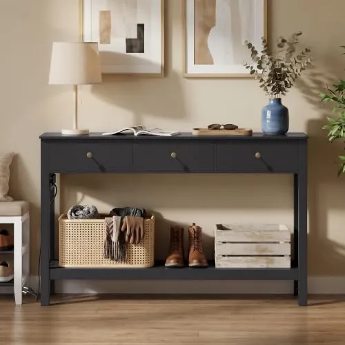 Xbro Mesa de Consola con Tomas de Corriente, Mesa de Pasillo con 3 Cajones y Estante, Mueble Recibidor Entrada para Entrada, Pasillo,Salón,130 x 30 x 80 cm,Negro