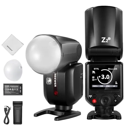 NEEWER Z2-C 2.4G TTL Flash Speedlite Cabeza Redonda Compatible con Canon, 600 Flashes a Máx Potencia, 3000mAh, 76W 1/8000s HSS, 2 Lámparas Modelado, Difusor Luz, TTL/M Toggle Key para 2.4G Sistema Q