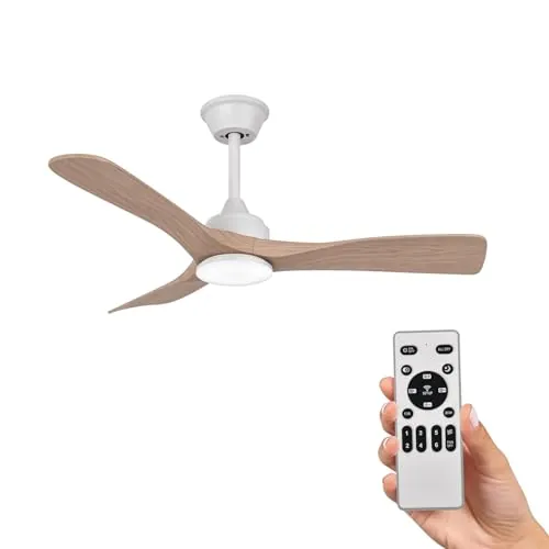 Ventilador de Techo con Luz y Mando a Distancia 106cm, Motor DC Silencioso, 3 Aspas plástico con Efecto Madera Clara, LED Regulable, Ventilador Moderno Bajo Consumo, Blanco y Madera