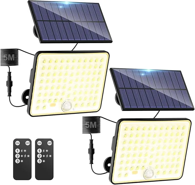 kolpop 2 Paquete Focos LED Exterior Solares,Focos LED Solares Sensor de Movimiento con Mando a Distancia,IP65 Impermeable Luz Solar,3 Modos Luz Solar Exterior Potente para Jardín,Patio,Garajes
