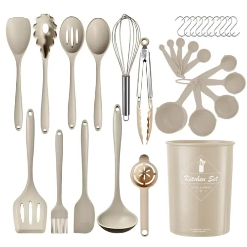 32 piezasJuego de utensilios de cocina de silicona Menaje Cocina, Fabricado en Silicona,resistentes al calor y antiadherentes con soporte para utensilios aptos para lavavajillas color Caqui (sin BPA)