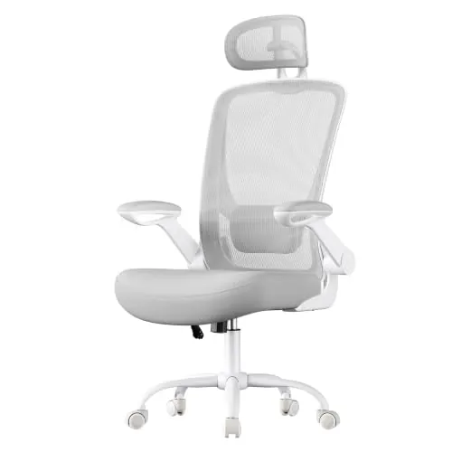SONGMICS Silla de Escritorio Ergonómica, Malla, Apoyabrazos Abatibles | Soporte Lumbar Silla Oficina, 64 x 64 x (115-130) cm, Inclinable, Gris, Colección Kime, OBN047G01