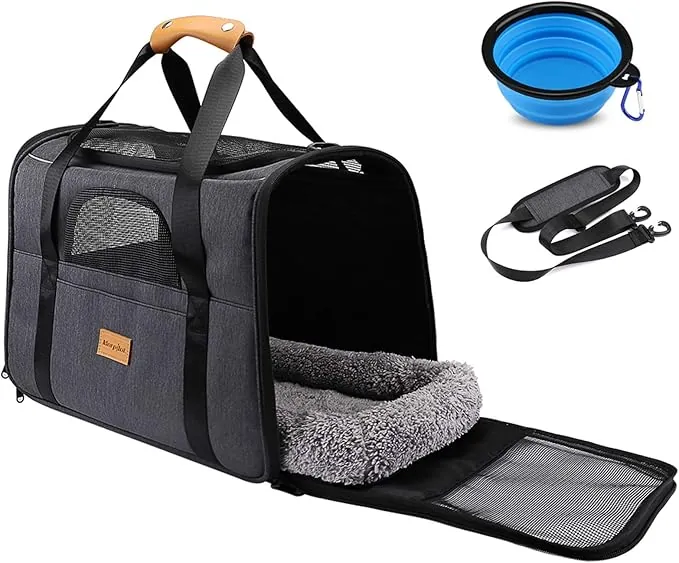 Transportín Perro Gato, Bolsa de Transporte Transpirable para Mascotas, Portador de Viaje con Correa de Hombro Ajustable, Transporte de Gato con Colchón Suave + Tazón Plegable (18 * 12.5 * 14 Inch)