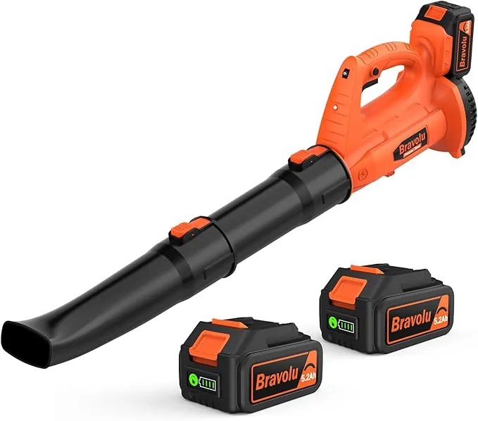 Soplador de Hojas, Bravolu Soplador con Baterías Recargables de 2 x 5,2 Ah y Cargador, Flujo de Aire de 240 km/h, 6 Velocidades Soplador de Hojas Eléctrico