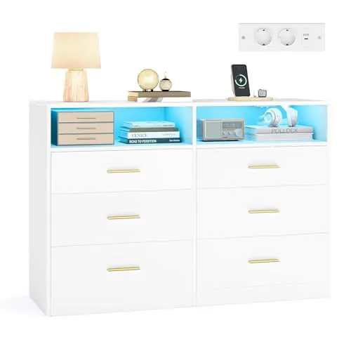 VASAGLE Cómoda para Dormitorio, con LED y Regleta de Enchufes, 6 Cajones