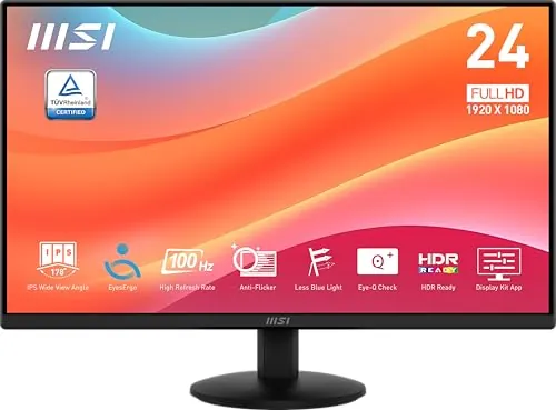 MSI Pro MP242L Monitor de 23,8" FHD para Oficina: Panel IPS de 1920 x 1080, 100 Hz, 4 ms, EyesErgo Tech, inclinación Ajustable, HDR Ready - Negro