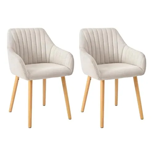 Goeurvant Juego de 2 sillas de Comedor Beige con reposabrazos de Lino, sillas de Comedor, Silla de salón, Silla de Cocina