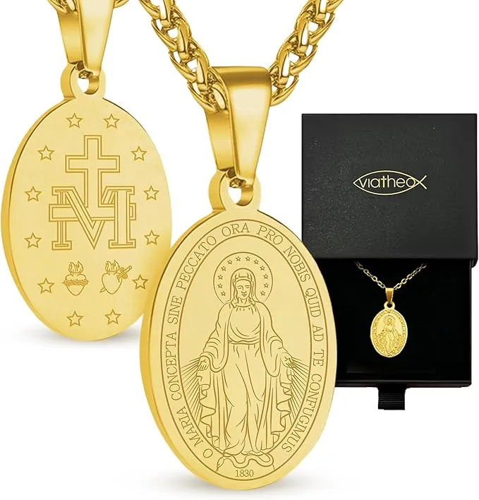 Medalla Virgen Milagrosa Dorada con Cadena para Hombre y Mujer - Collar Religioso Elegante y Original - Joyería Espiritual con Significado - Accesorio Devocional para Regalo