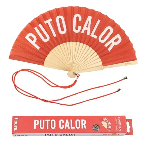 Fisura – Abanico original con mensaje “p*to calor” rojo. Accesorio de verano, madera moderno y gracioso. Abanico con colgador. Medidas: 42,5 cm x 23 cm.