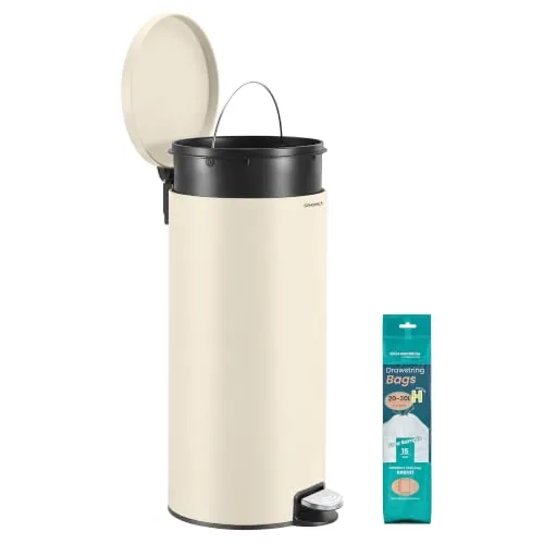 SONGMICS Cubo de Basura Redondo, Pedal de Metal, Acero Inoxidable, 30 L