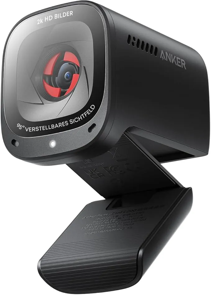 AnkerWork PowerConf C200 2K USB Webcam de Portátil, Cámara de PC, Micros Cancelación Ruido IA, Micros Estéreo, Campo de Visión Ajustable, Corrección Poca Luz, Tapa Incorporada para La Privacidad