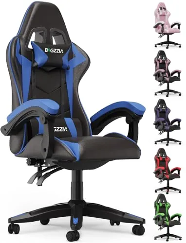 Bigzzia Silla Gaming,Silla Ergonómica de Oficina en Cuero PU,Regulable en Altura con Soporte Lumbar y Reposacabezas,Respaldo Reclinable 155°,Silla Gamer Adulto Niño (Azul)
