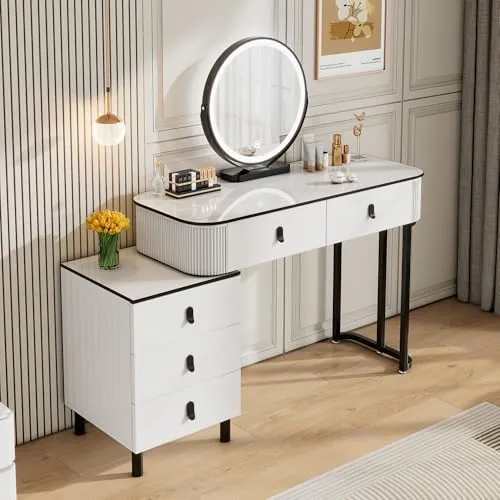 WOLTU Tocador Maquillaje con Luz Regulable y Espejo Redondo Giratorio | Tocador Escritorio con 5 Cajones de Madera Maciza, Montaje Flexible, Moderno, 100x40x125 cm, Blanco+Negro